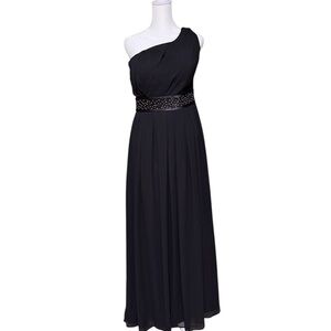 Bill Levkoff Black One-Shoulder Gown with Beaded Waist – Size 10